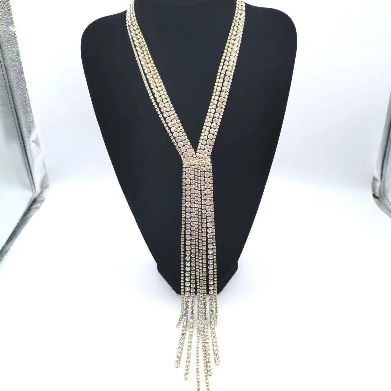 Luxurious multi-layer diamond studded sweater chain with ultra long and shiny temperament tassel necklace