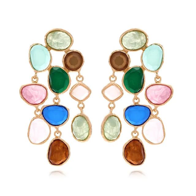 New product color blocking jelly water droplet tassel earrings light luxury long colored imitation gemstone earrings