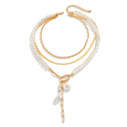 Fashionable multi-layer irregular pearl necklace, casual style alloy flat snake chain, lock bone chain