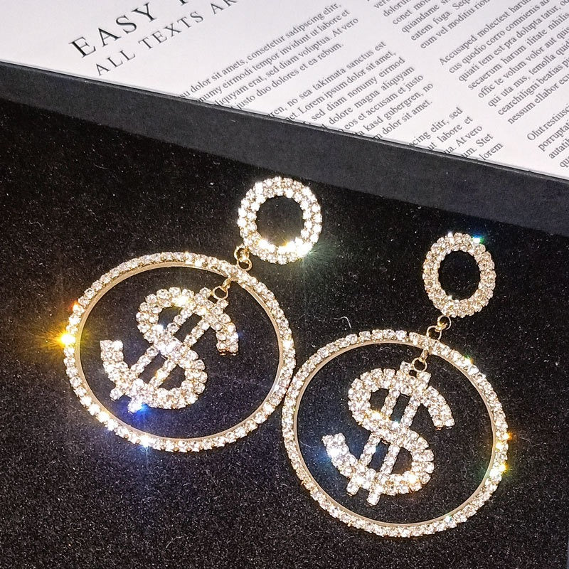 Dollar $Letter Symbol Coin Rhinestone Exaggerated Earrings Earrings Earstuds Earrings