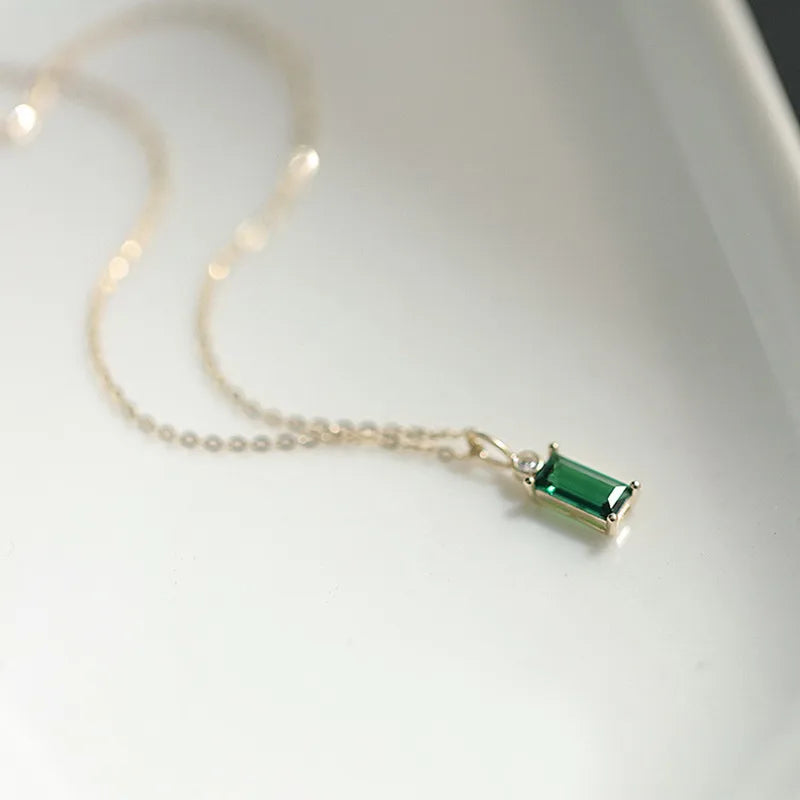 925 Sterling Silver 14K Gold Plated Emerald Green  Mini Rectangle Zircon Necklace Female Korean Style Pendant Necklace