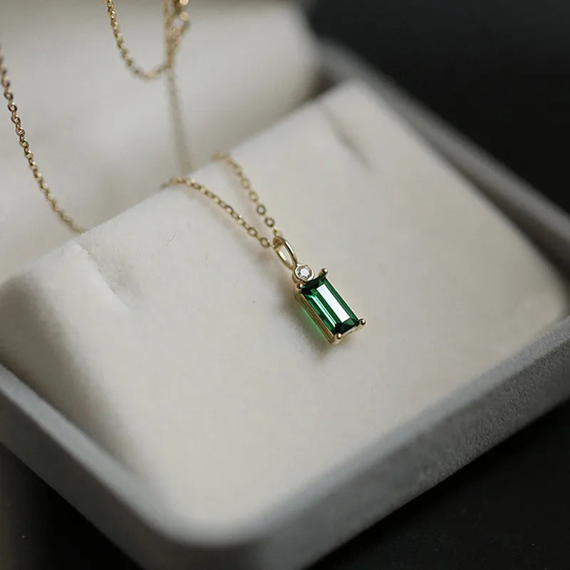 925 Sterling Silver 14K Gold Plated Emerald Green  Mini Rectangle Zircon Necklace Female Korean Style Pendant Necklace