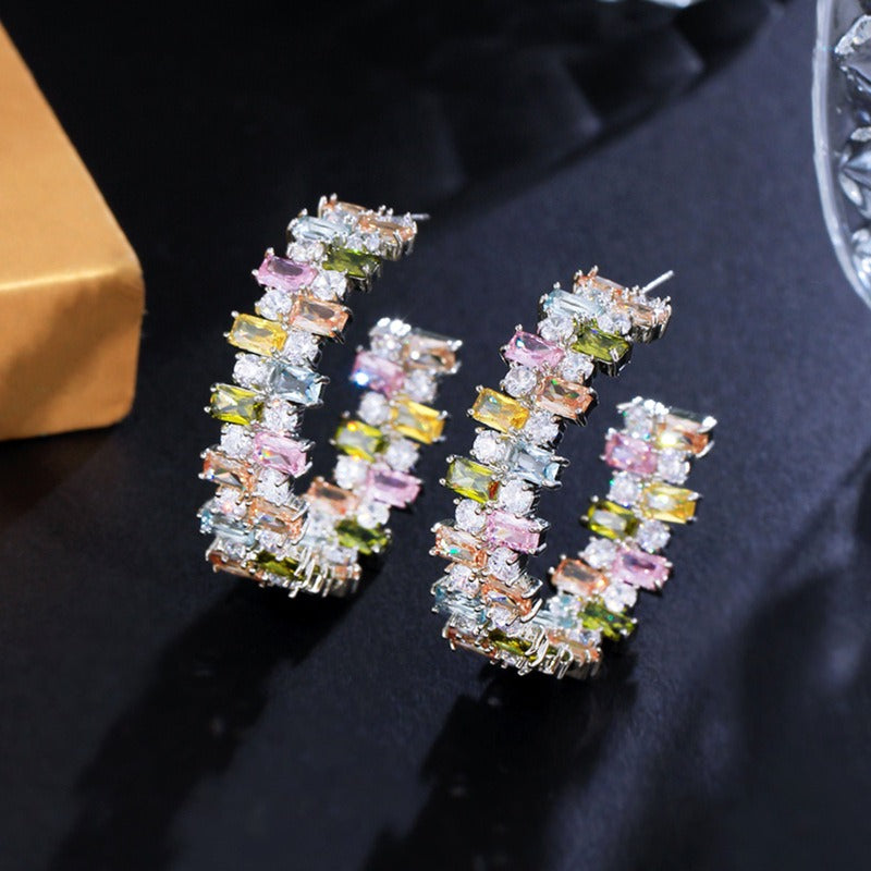 Heavy Industry Colored C-Ring Earrings, Temperament Candy, Square Zircon, Irregular Colored Diamonds, Show Face Small Earrings