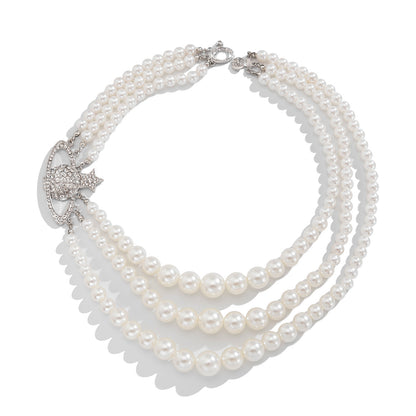 Fashionable imitation pearl multi-layer necklace, light luxury style alloy bead collarbone chain for women