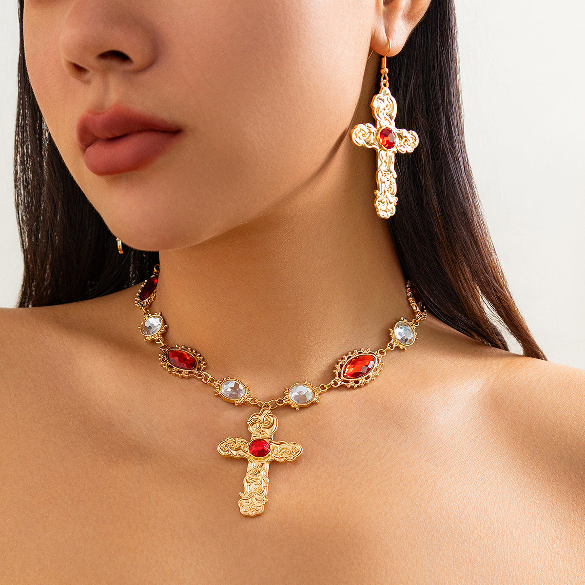 Palace style cross alloy pendant necklace, retro inlaid with red gemstones, collarbone chain