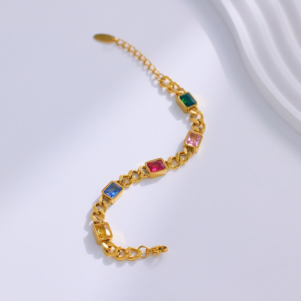 18K gold multicolored long gemstone stainless steel bracelet