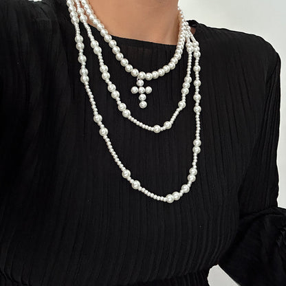 Cold wind imitation pearl tassel multi-layer necklace geometric cross pendant collarbone chain