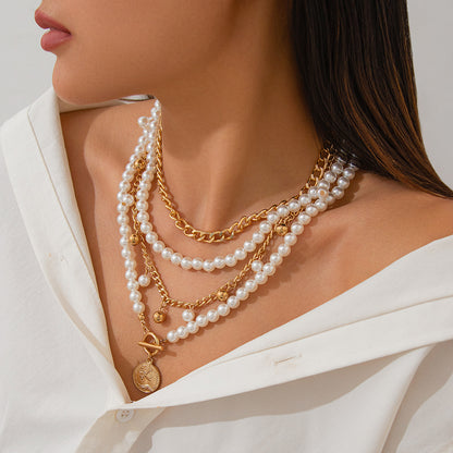 French elegant pearl bead necklace, fashionable commuting alloy multi-layer aluminum chain, collarbone chain