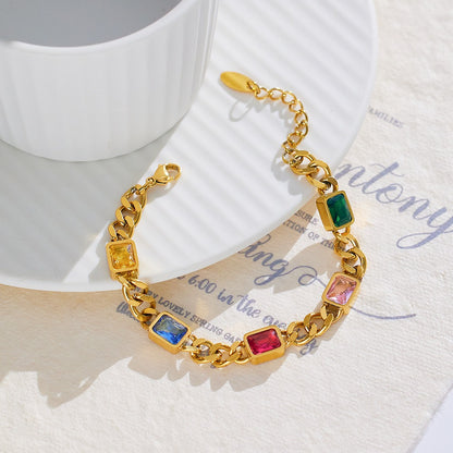 18K gold multicolored long gemstone stainless steel bracelet