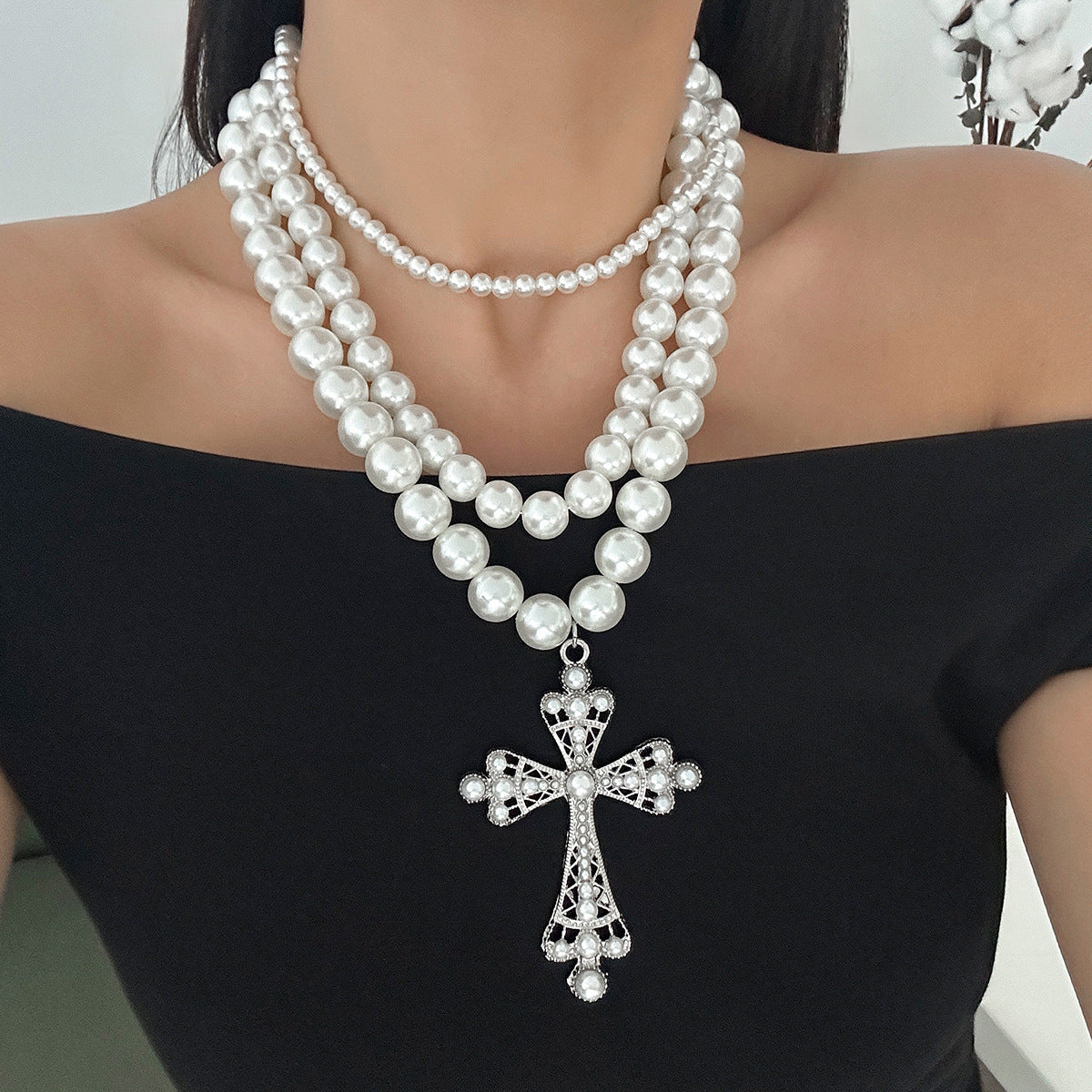 Punk Pearl Multi layer Necklace Set with Personalized Hollow Cross Stacked Collarbone Chain