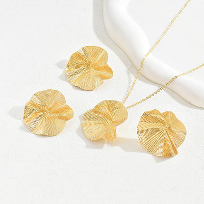 Original Design Niche European And American Pastoral Style Pleated Lotus Leaf Necklace Ring Suit Personalized Wild Earrings Jewelry