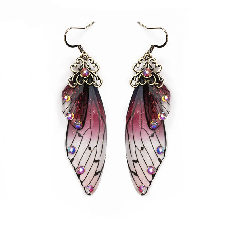 Fashion Handmade Femme Wing Drop Earrings Purple Resin Fairy Cicada Wings Earrings Rhinestone Purple Earrings Vintage Jewelry