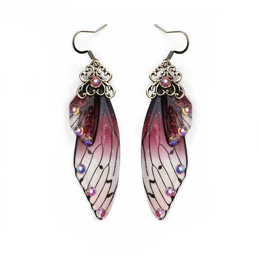 Fashion Handmade Femme Wing Drop Earrings Purple Resin Fairy Cicada Wings Earrings Rhinestone Purple Earrings Vintage Jewelry