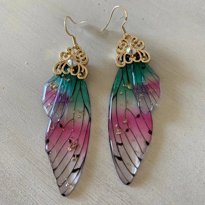 Fashion Handmade Femme Wing Drop Earrings Purple Resin Fairy Cicada Wings Earrings Rhinestone Purple Earrings Vintage Jewelry