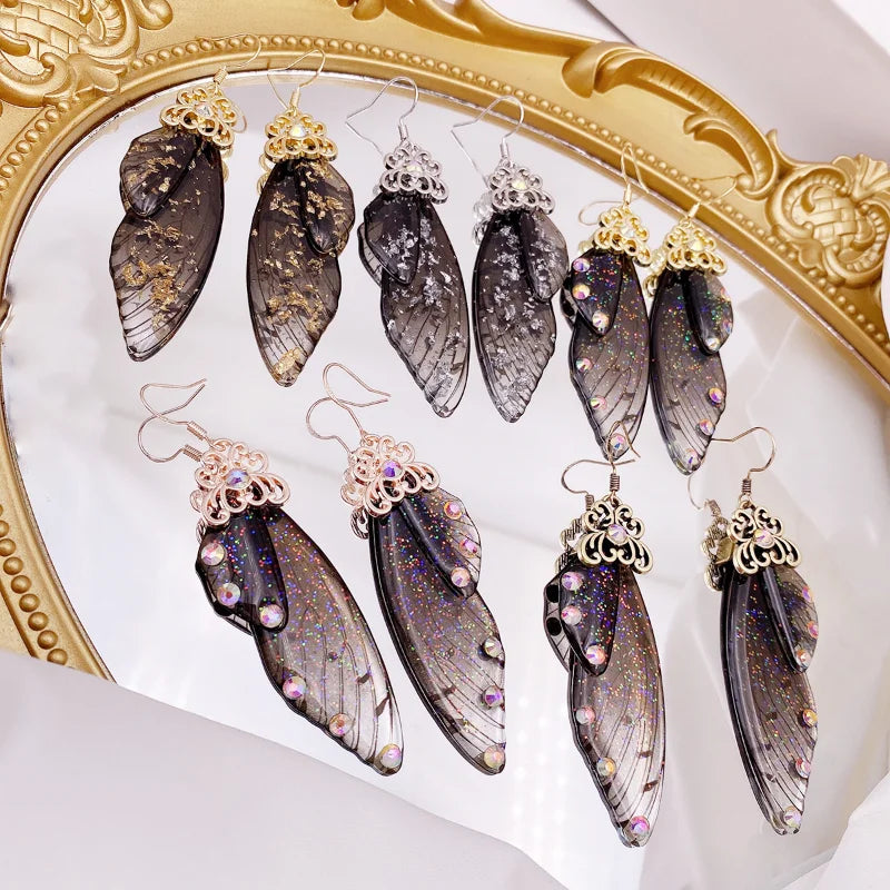 Fashion Handmade Femme Wing Drop Earrings Purple Resin Fairy Cicada Wings Earrings Rhinestone Purple Earrings Vintage Jewelry