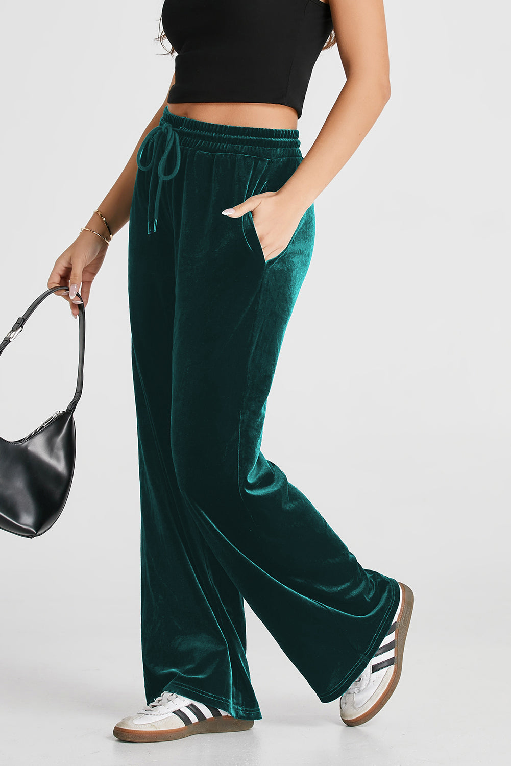 Evergreen Solid Drawstring Waist Wide Leg Pants