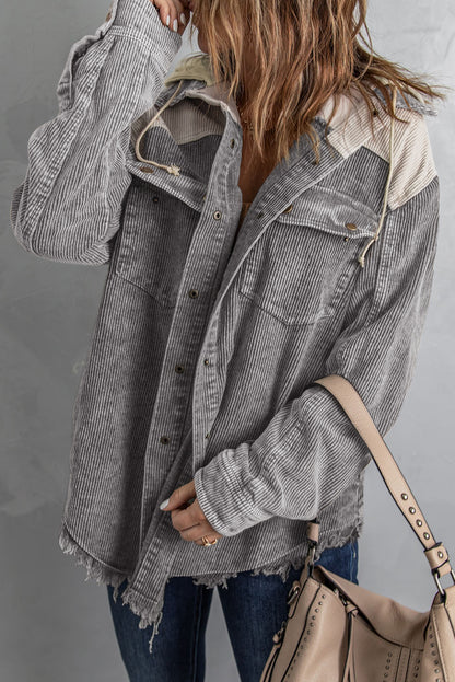 Gray Color Block Button Down Hooded Corduroy Jacket