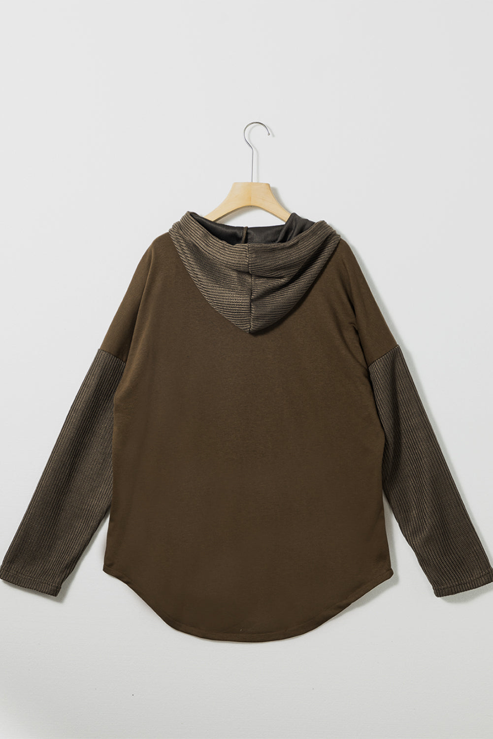 Dark Brown Button Up Contrast Knitted Sleeves Hooded Jacket