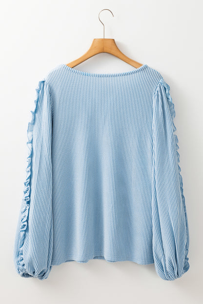 Mist Blue Corded Frilly Puff Sleeve Round Neck Blouse