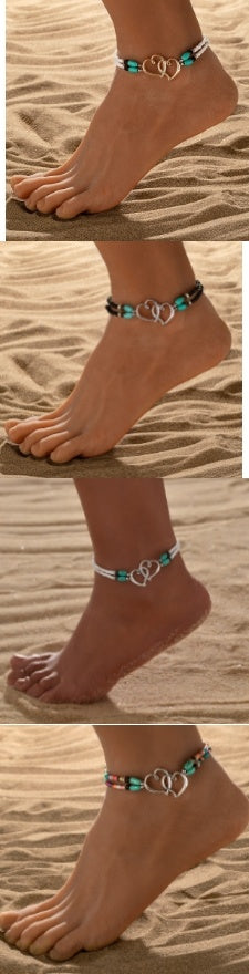 Fashion Vacation Style Alloy Double Heart Bead Turquoise Double Elastic Anklet