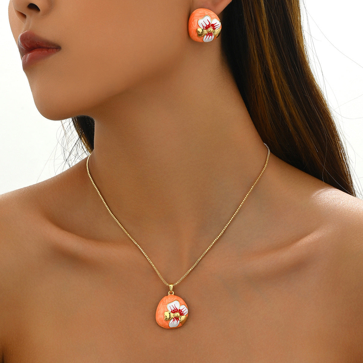 Necklace And Earrings Suite Women's Oil-coated Flower Design