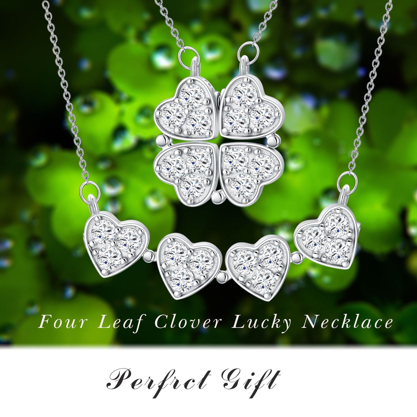 Clover Folded Heart Zircon Charm Pendant Necklace Gift for Women