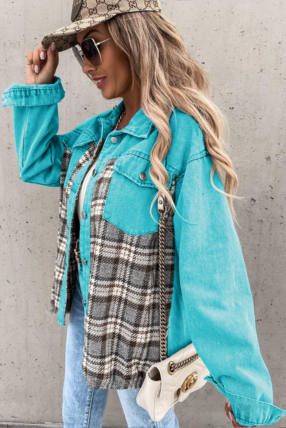 Sky Blue Plaid Patchwork Pockets Denim Jacket