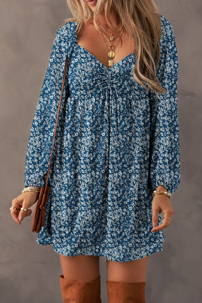 Blue Floral Print Sweetheart Neck Shirred Back Mini Dress