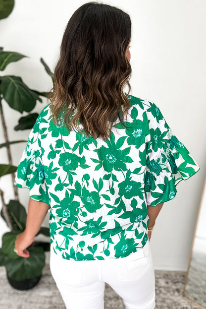 Green Floral Printed Ruffled Short Sleeve Round Neck Loose Blouse