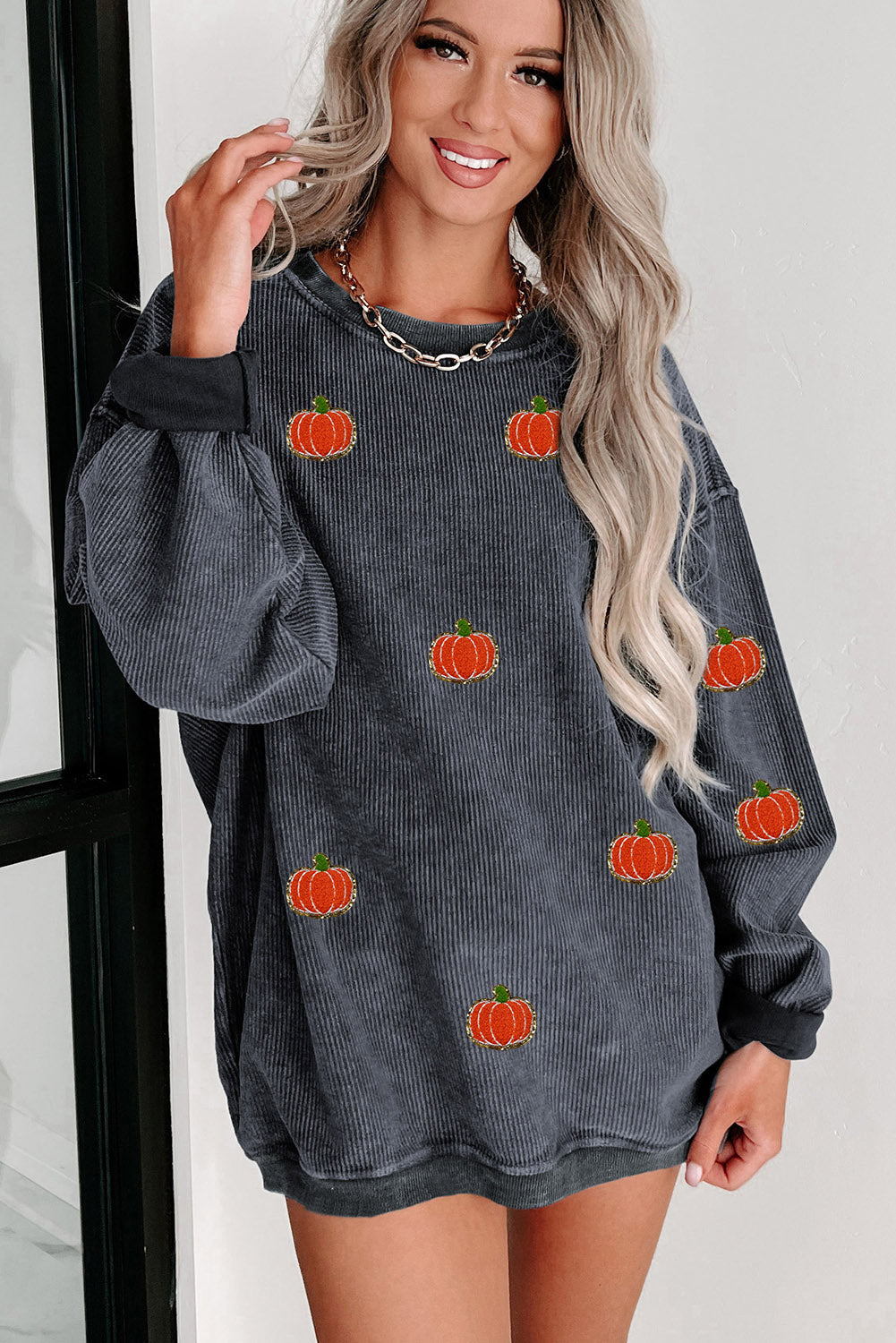 Gray Halloween Pumpkin Graphic Drop Shoulder Ribbed Sweatshirt