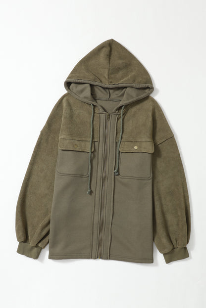 Green Flap Pocket Drawstring Hood Zip Up Jacket