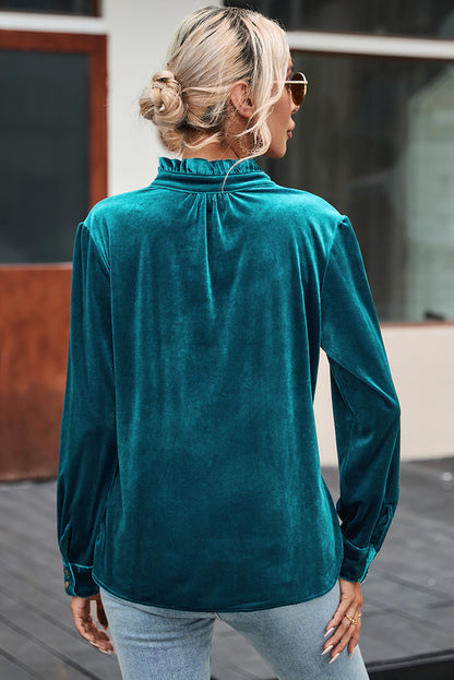 Green Frilled Neck Buttoned Front Velvet Top