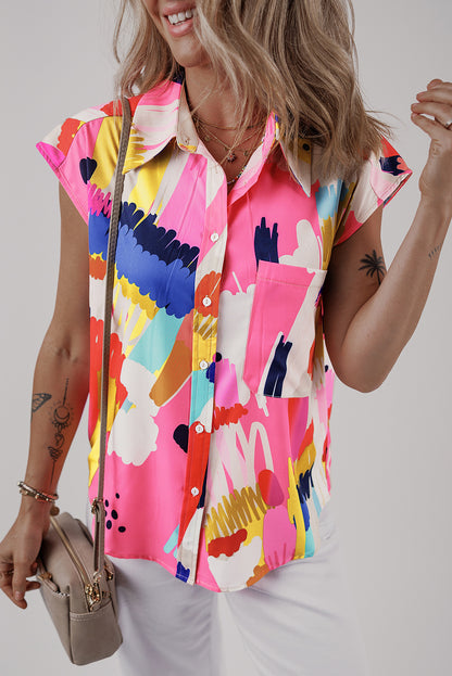 Multicolour Abstract Print Collared Cap Sleeve Casual Shirt