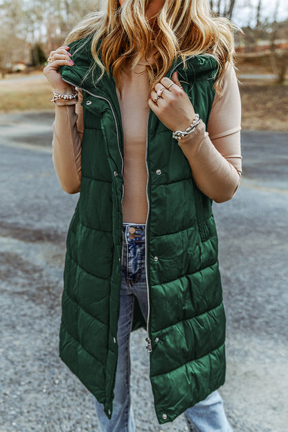 Green Hooded Long Quilted Vest Coat