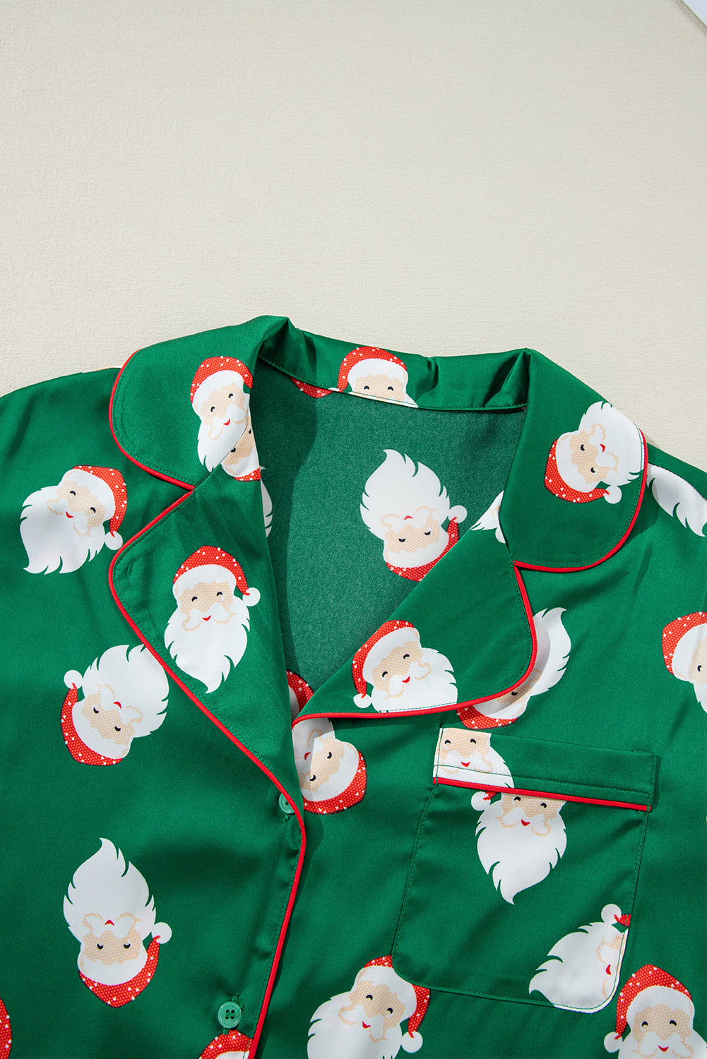 Green Christmas Santa Claus Print Satin Shirt and Shorts Set