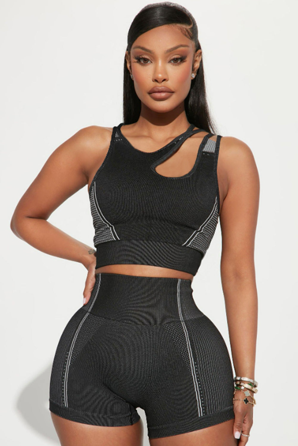 Black Strappy Mix Pattern Cutout Bra and Shorts Set