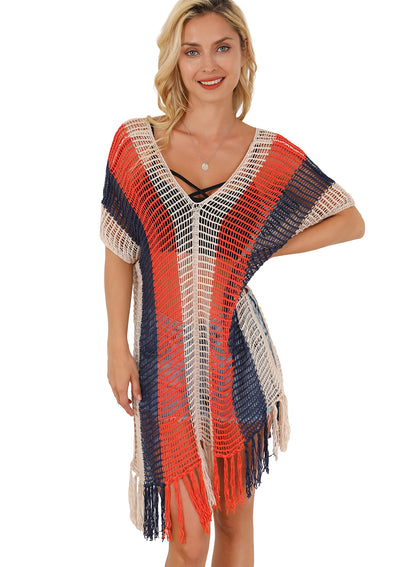 Multicolor Striped Tassel Crochet V Neck Beach Cover Up