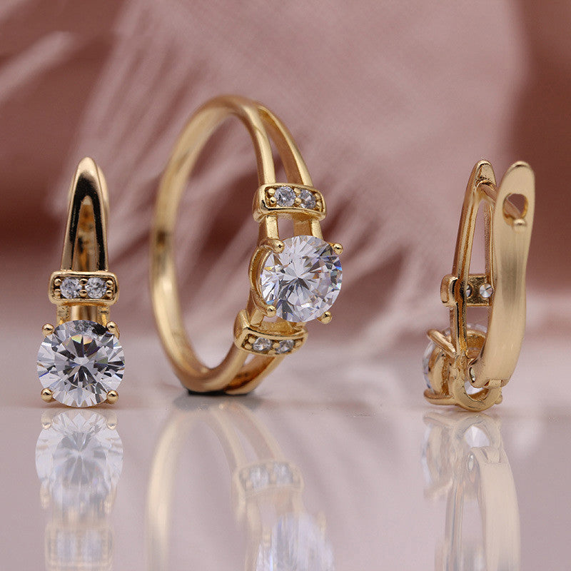 Jewelry Set Rose Gold Fashion Jewelry Round White Natural Zircon Earrings Ring Set