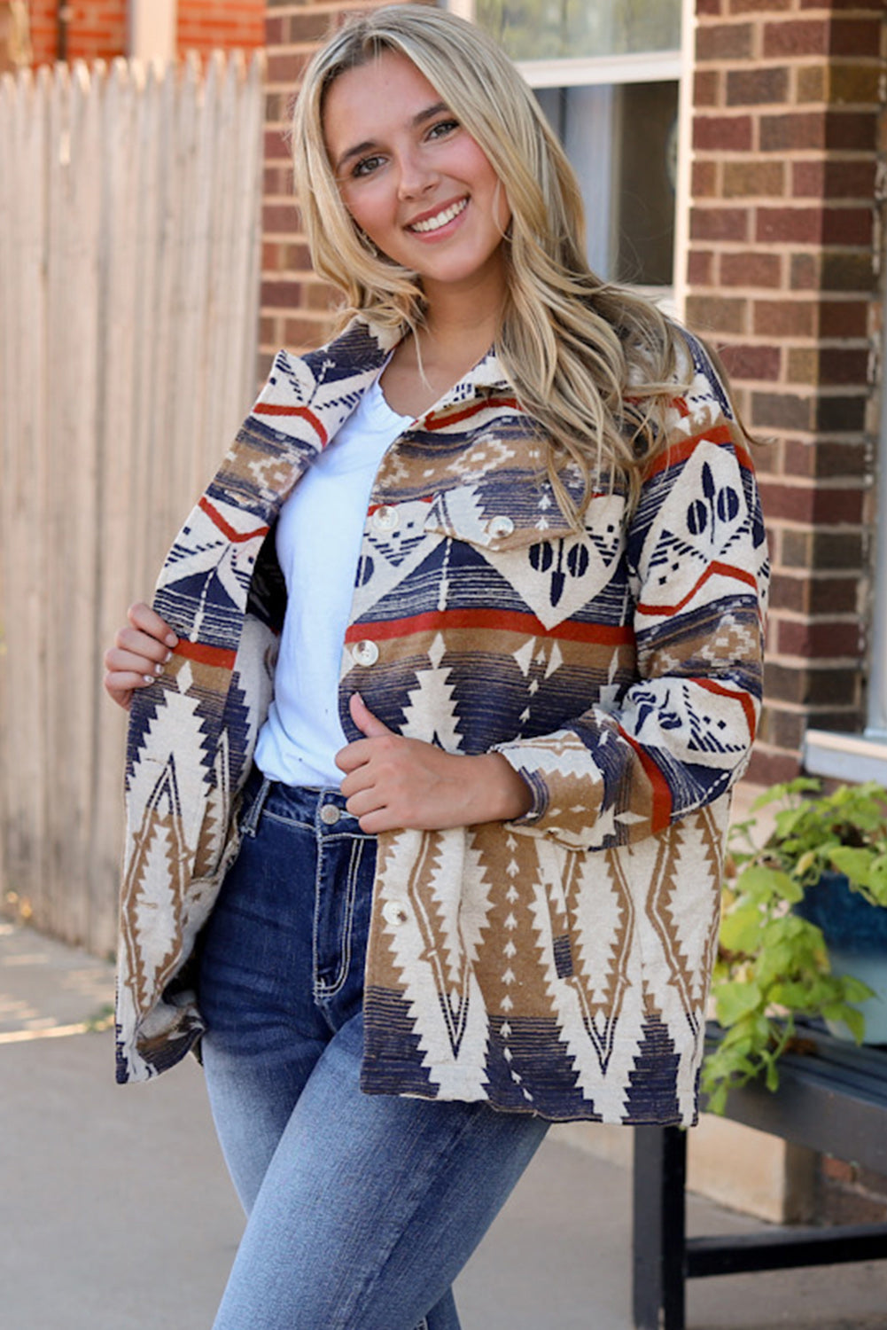 Multicolor Aztec Print Button-Up Oversized Jacket