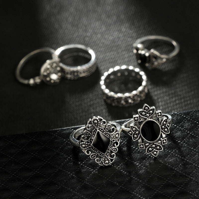 Personalized Hollow Lotus Sunflower Geometric Black Gemstone Set Ring