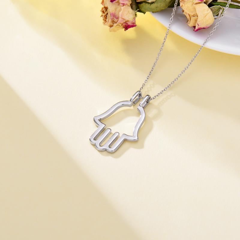 Hamsa Hand Ring Holder Keeper Pendant Necklace in Sterling Silver