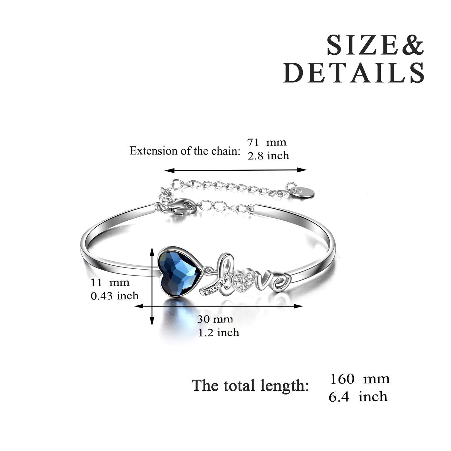 Blue Crystals from Austria Love Heart Bangle Bracelet in White Gold Plated Sterling Silver