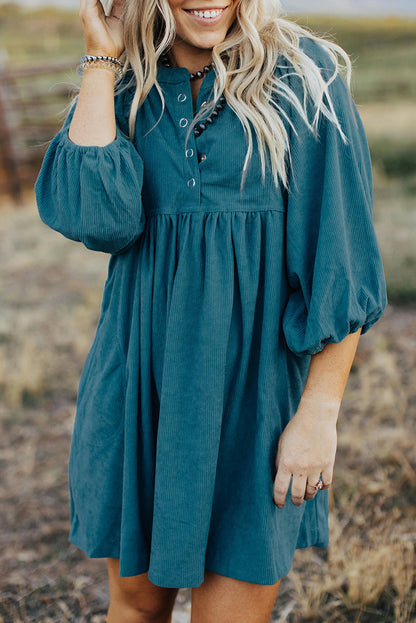 Blue Corduroy Snap Buttons Empire Waist Bracelet Sleeve Dress