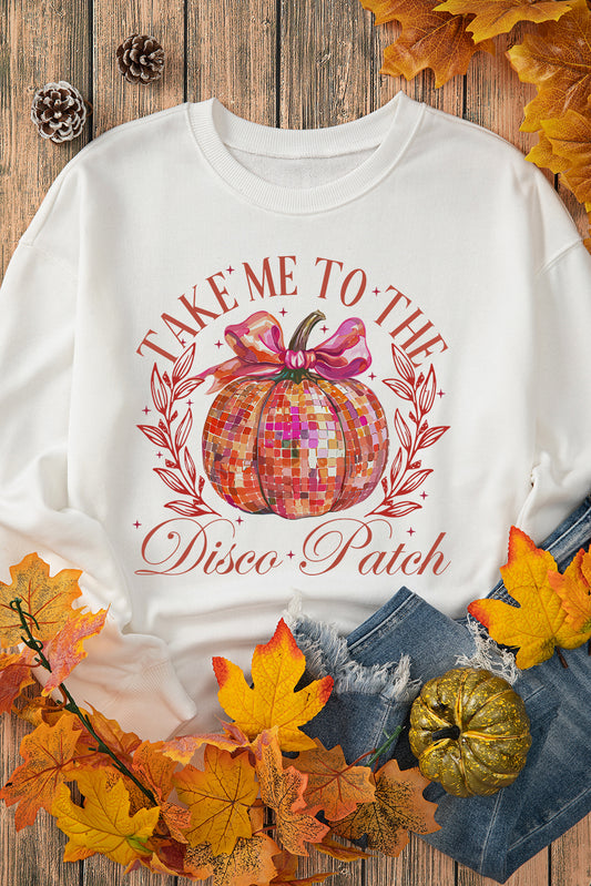 Beige Halloween Disco Ball Pumpkin Print Pullover Sweatshirt