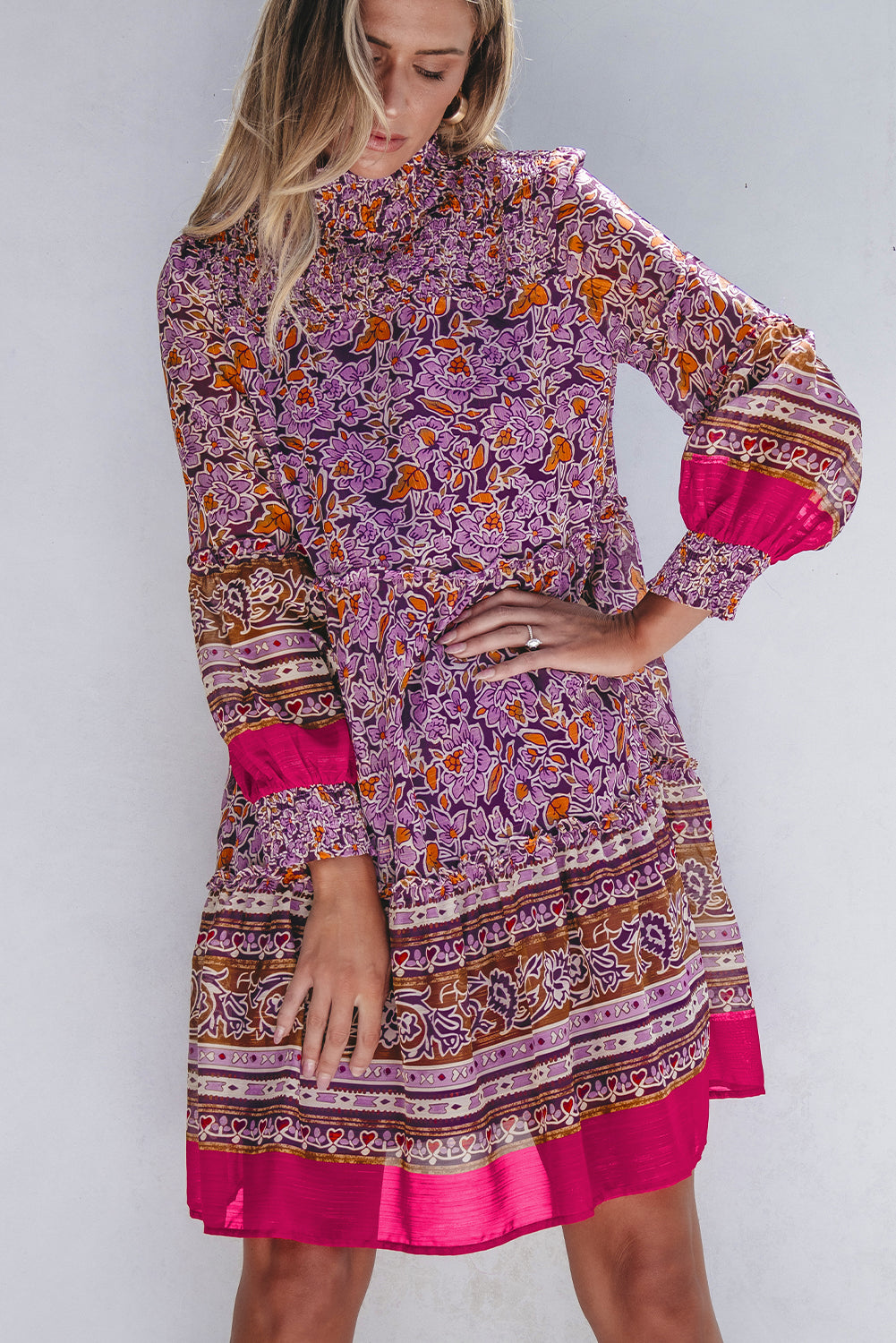 Purple Floral Smocked Puff Sleeve High Neck Mini Dress