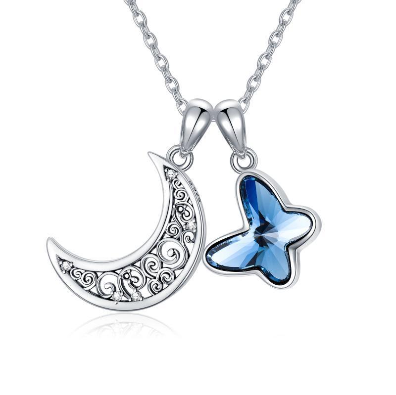 Sterling Silver Urn Crescent Moon Cremation Memorial Pendant with Blue Butterfly Necklace