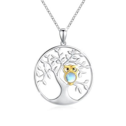 Tree of Life with Moonstone Owl Clearance Pendant Necklace in 925 Sterling Silver