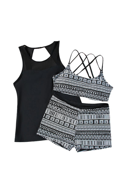 Black 3pcs Mesh Cutout Print Tankini Swimsuit