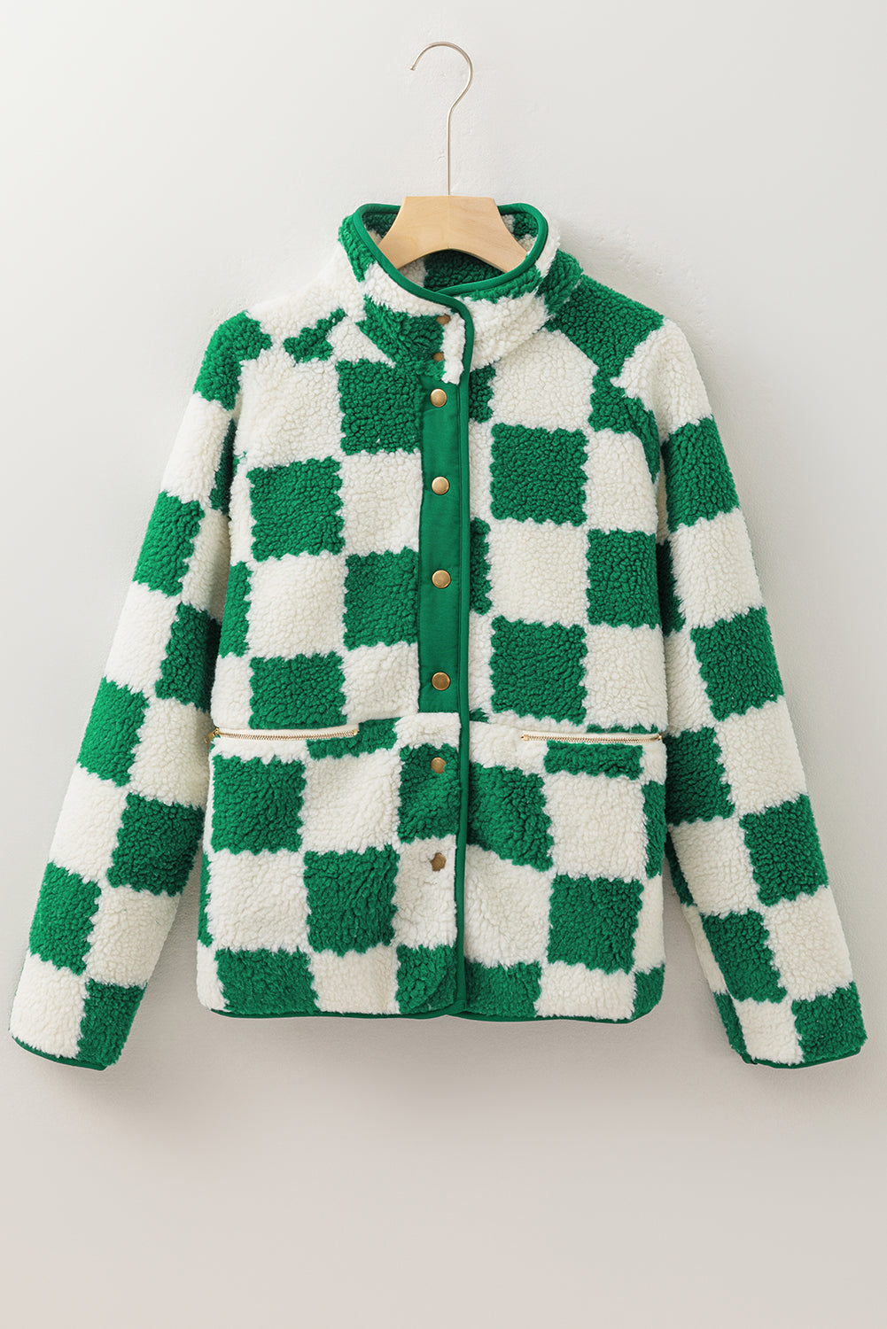 Lapis Checked Snap Button Sherpa Jacket