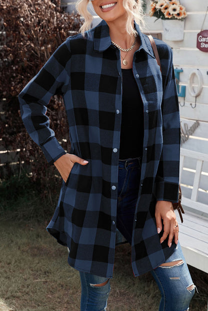 Blue Turn-down Collar Plaid Shirt Jacket